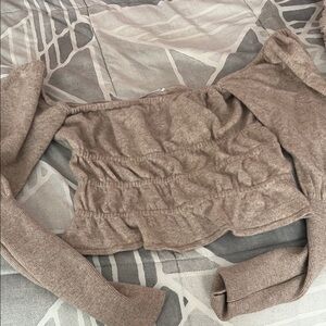 Reformation Taupe Off-the-Shoulder Ruched Peplum Sweater